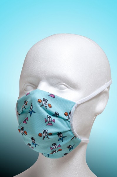 Mund-Nase-Maske Kinder mit Nasenbügel 2-lagig von Hyphen in der hellblau bedruckt mit UPF 80